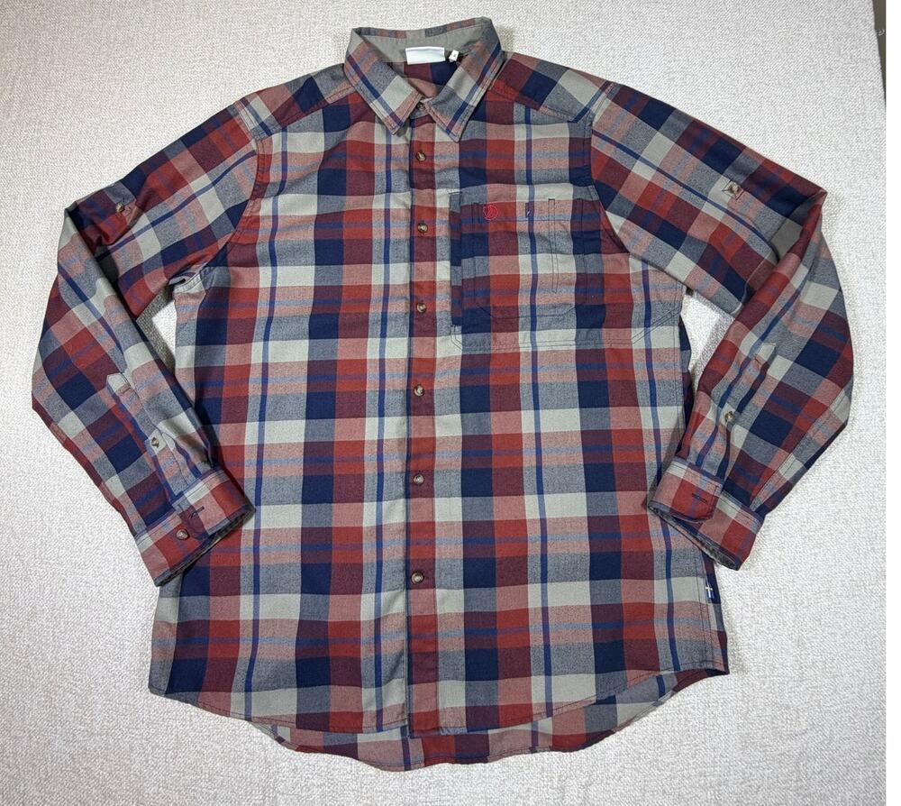 Fjallraven Mens XL Blue Rust Plaid Long Sleeve Button Front Shirt Outdoor Casual